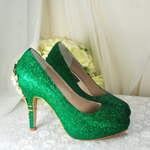 Load image into Gallery viewer, Emerald Green Shimmer Wedding Shoes with &#39;Cherry Blossom&#39;
