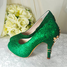 Load image into Gallery viewer, Emerald Green Shimmer Wedding Shoes with &#39;Cherry Blossom&#39;
