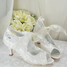 Load image into Gallery viewer, Ivory Satin and Lace Bridal Booties, Size UK5/US7.5
