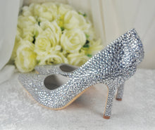 Load image into Gallery viewer, Silver Crystal Cinderella Heels with Matching Clutch Bag
