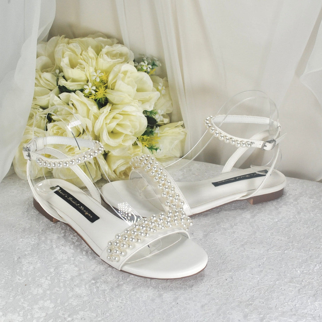 White or Ivory Pearl Flat Sandals