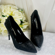 Load image into Gallery viewer, Black Heels with Silver Floral Embellishment UK6/US8.5
