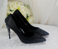 Load image into Gallery viewer, Black Heels with Silver Floral Embellishment UK6/US8.5
