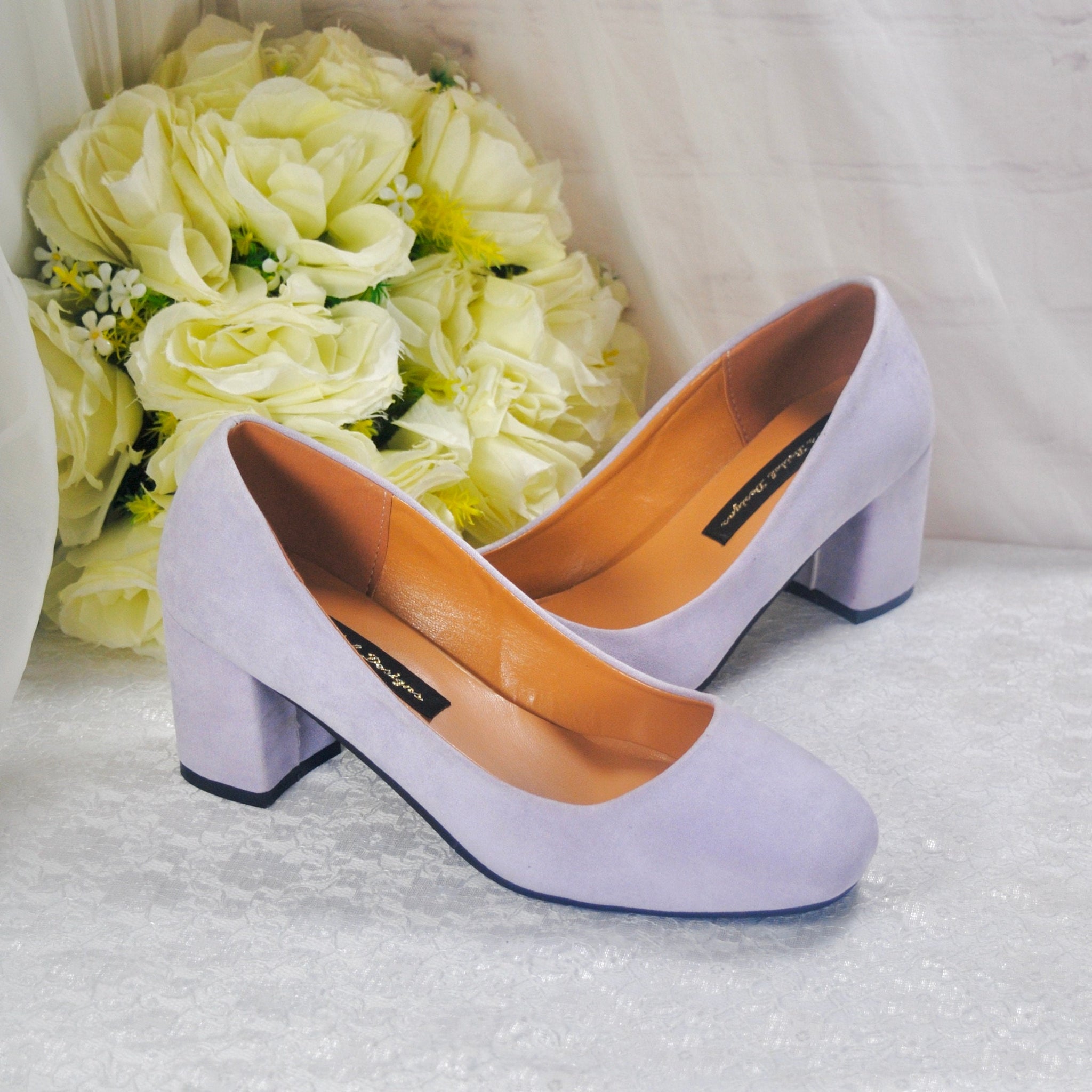 Lilac Purple Suede Block Heel Shoes, Size UK4/US6.5  Becci's Bridal Designs