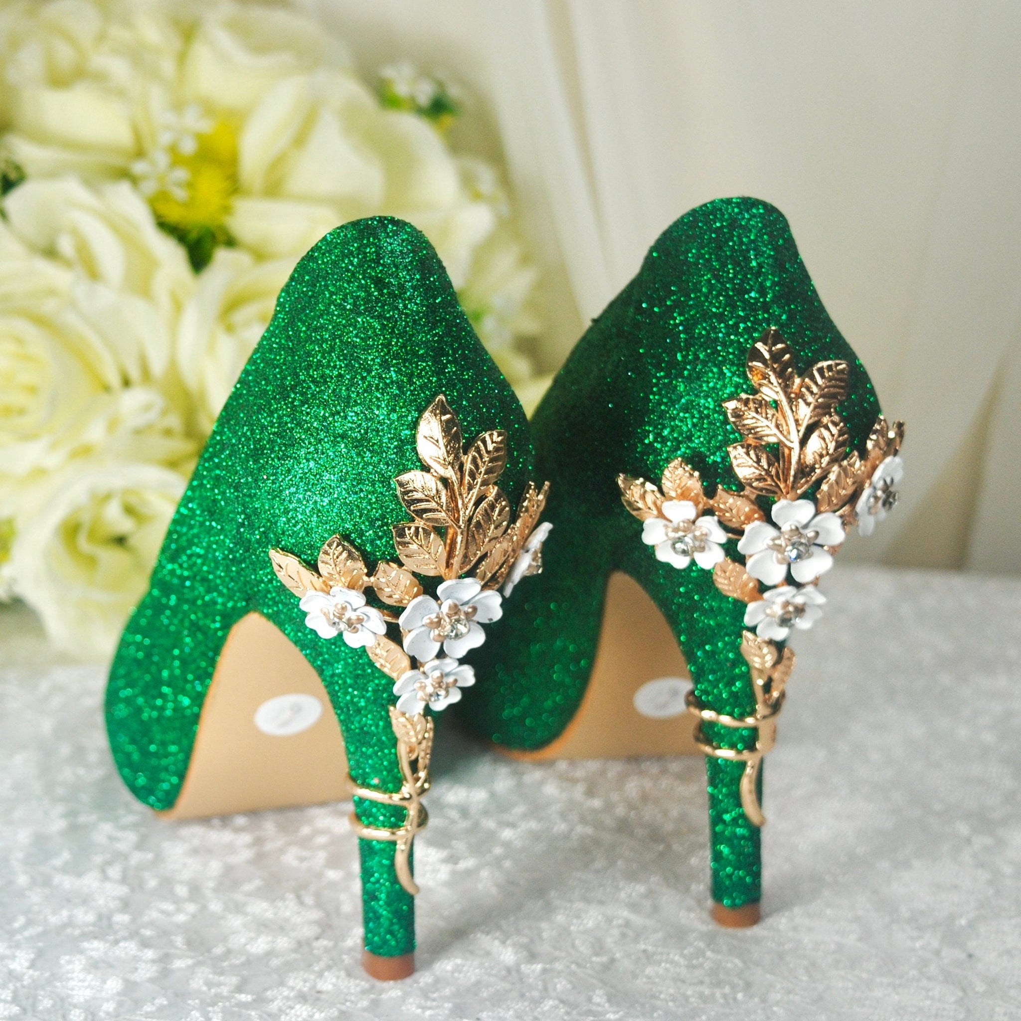 green and gold dress shoes Emerald Green Shimmer Wedding Shoes with 'Cherry Blossom' – Becci's Bridal  Designs