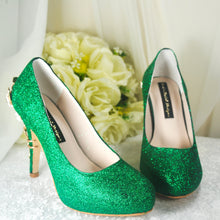 Load image into Gallery viewer, Emerald Green Shimmer Wedding Shoes with &#39;Cherry Blossom&#39;
