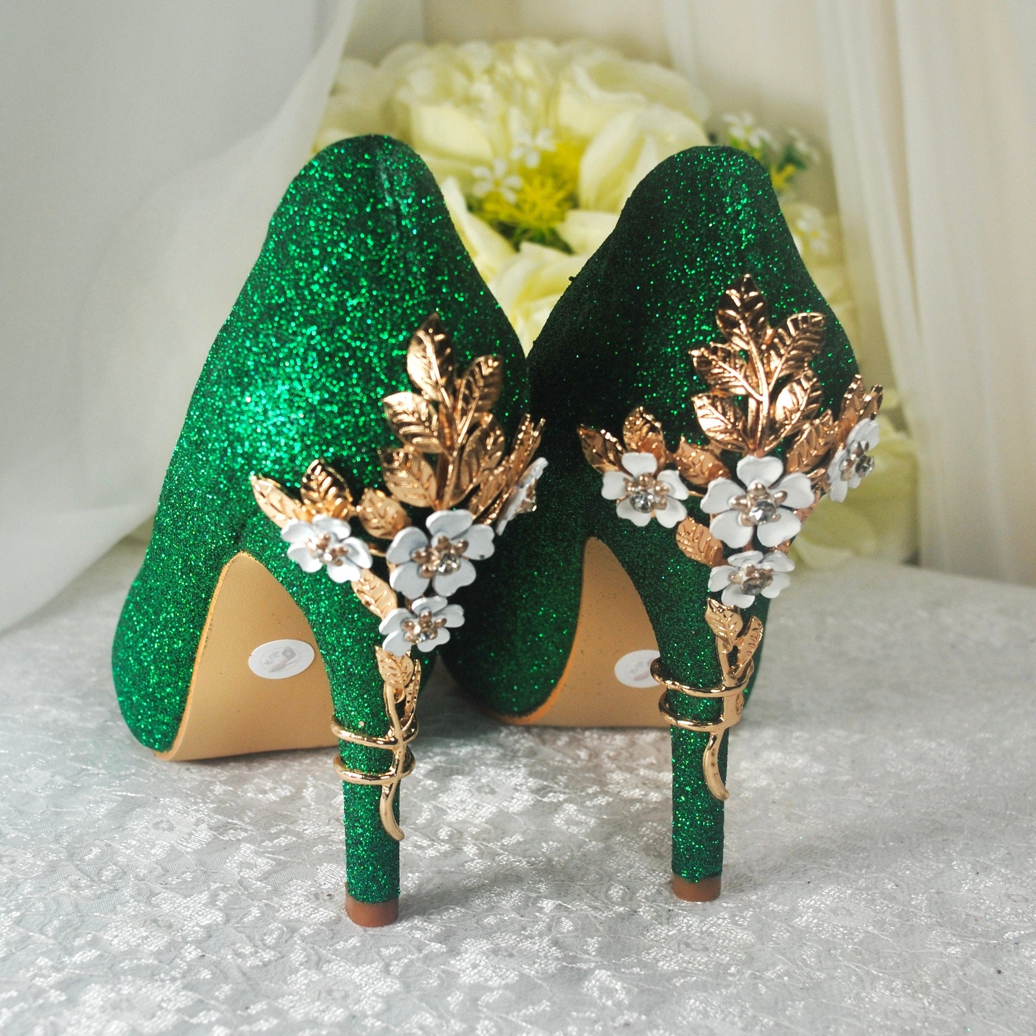 Emerald Green Shimmer Wedding Shoes with 'Cherry Blossom' – Becci's Bridal  Designs