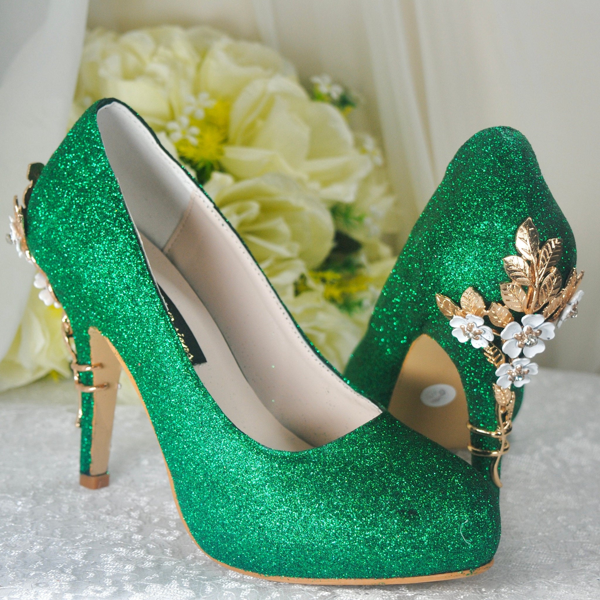 Emerald Green Shimmer Wedding Shoes with 'Cherry Blossom' Becci's Bridal Designs Emerald Green Shimmer Wedding Shoes with 'Cherry Blossom' Becci's Bridal Designs