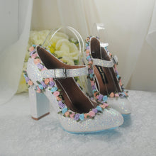 Load image into Gallery viewer, White Sparkling Bridal Block Heels
