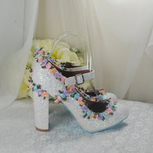 Load image into Gallery viewer, Rose Flowers Glitter Block Heel Bridal Shoes UK5/US7.5
