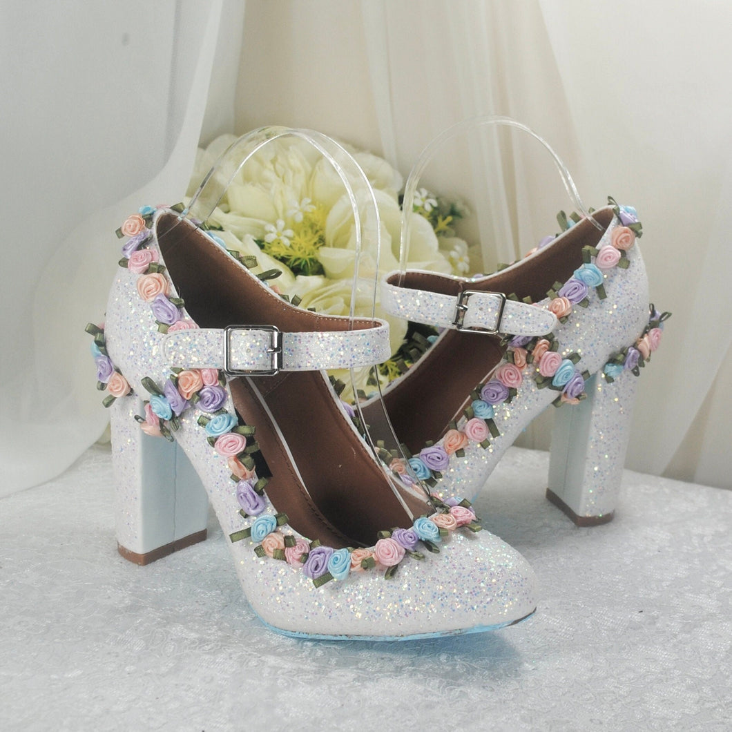 Rose Flowers Glitter Block Heel Bridal Shoes UK5/US7.5