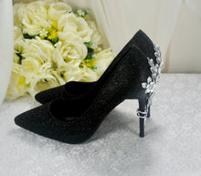 Load image into Gallery viewer, Black Heels with Silver Floral Embellishment UK6/US8.5
