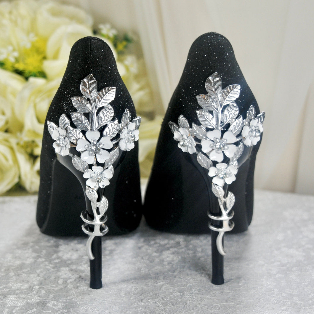 Black Heels with Silver Floral Embellishment UK6/US8.5