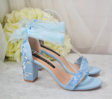 Load image into Gallery viewer, Blue Suede Bridal Sandals with Floral Embroidery
