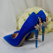 Load image into Gallery viewer, Blue Bridal Heels with Gold Floral Heel Embellishments UK5/US7.5
