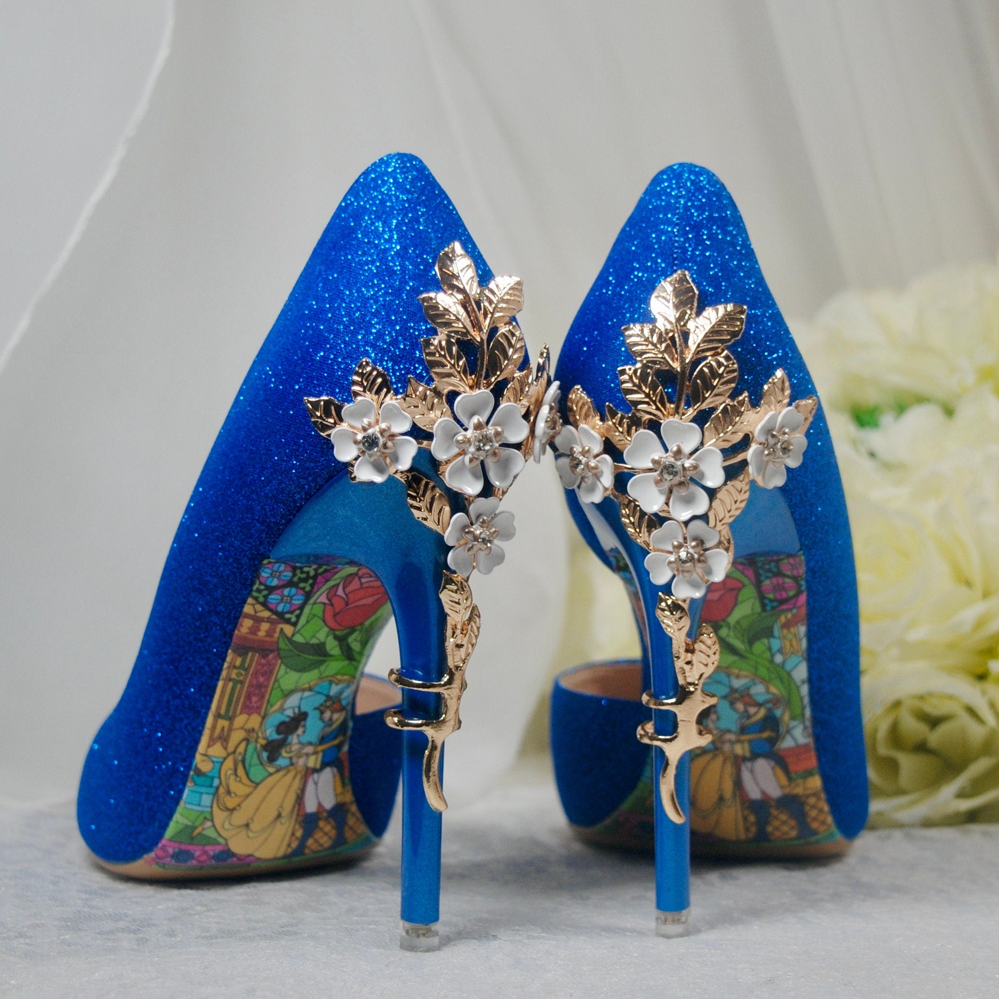 Blue Bridal Heels with Gold Floral Heel Embellishments