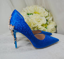 Load image into Gallery viewer, Blue Bridal Heels with Gold Floral Heel Embellishments UK5/US7.5
