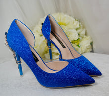 Load image into Gallery viewer, Blue Bridal Heels with Gold Floral Heel Embellishments UK5/US7.5
