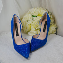 Load image into Gallery viewer, Blue Bridal Heels with Gold Floral Heel Embellishments UK5/US7.5
