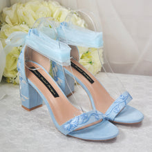 Load image into Gallery viewer, Blue Suede Bridal Sandals with Floral Embroidery
