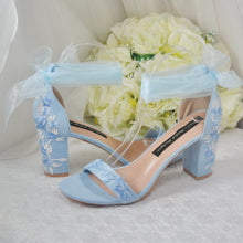 Load image into Gallery viewer, Blue Suede Bridal Sandals with Floral Embroidery UK4 / US6.5
