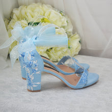 Load image into Gallery viewer, Blue Suede Bridal Sandals with Floral Embroidery
