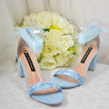 Load image into Gallery viewer, Blue Suede Bridal Sandals with Floral Embroidery
