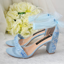 Load image into Gallery viewer, Blue Suede Bridal Sandals with Floral Embroidery
