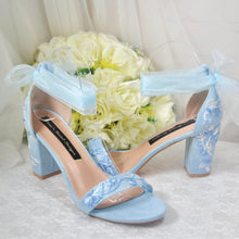 Load image into Gallery viewer, Blue Suede Bridal Sandals with Floral Embroidery
