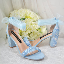 Load image into Gallery viewer, Blue Suede Bridal Sandals with Floral Embroidery UK4 / US6.5
