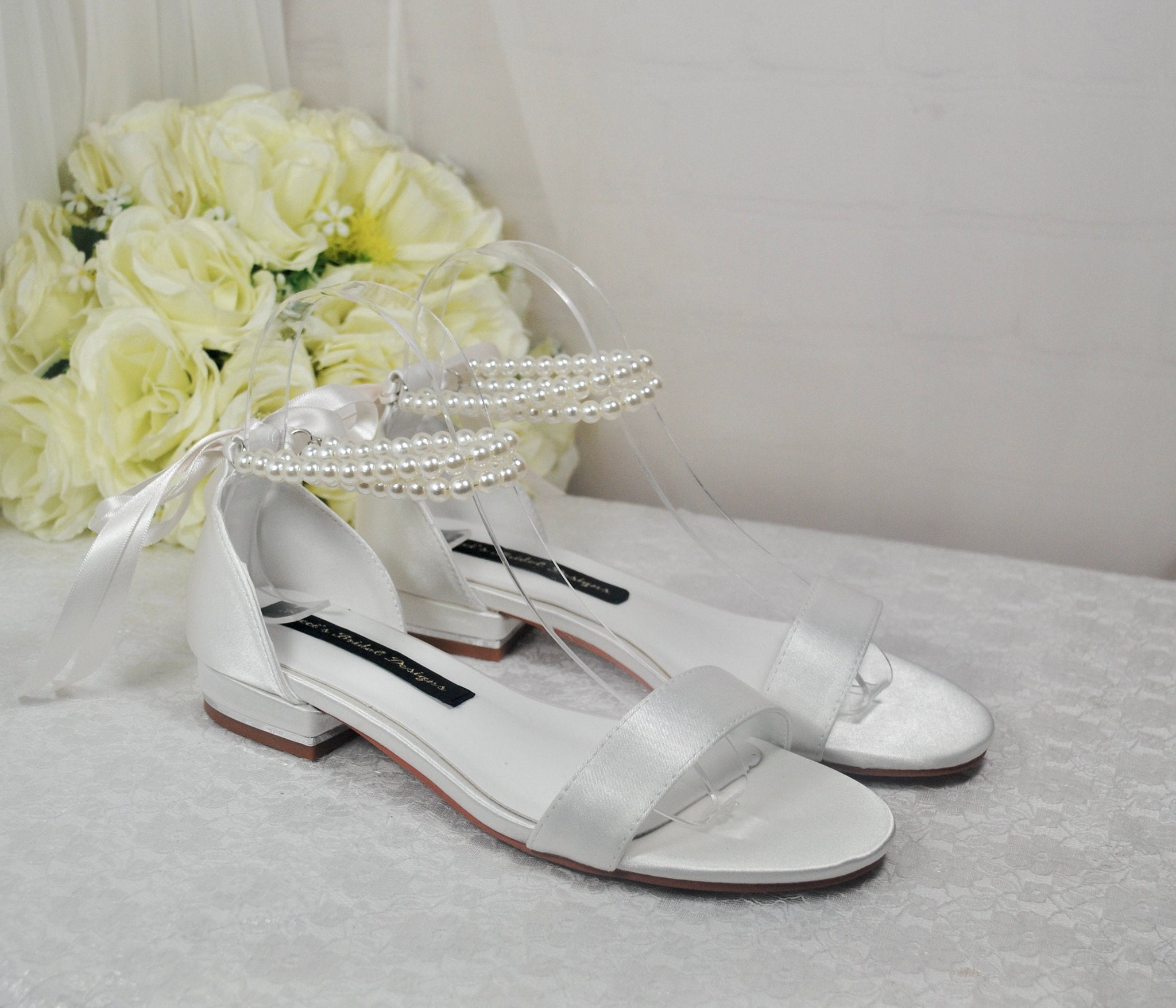 Ivory Satin Flat Summer Sandals Beach Wedding Bridal Shoes with Pearl –  Becci's Bridal Designs