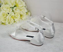 Load image into Gallery viewer, Ivory Satin Flat Summer Sandals Beach Wedding Bridal Shoes with Ankle Strap and Pearl Bow
