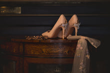 Load image into Gallery viewer, Colour of the Year Peach Bridal Shoes with Floral Heel Embellishment
