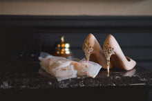 Load image into Gallery viewer, Colour of the Year Peach Bridal Shoes with Floral Heel Embellishment
