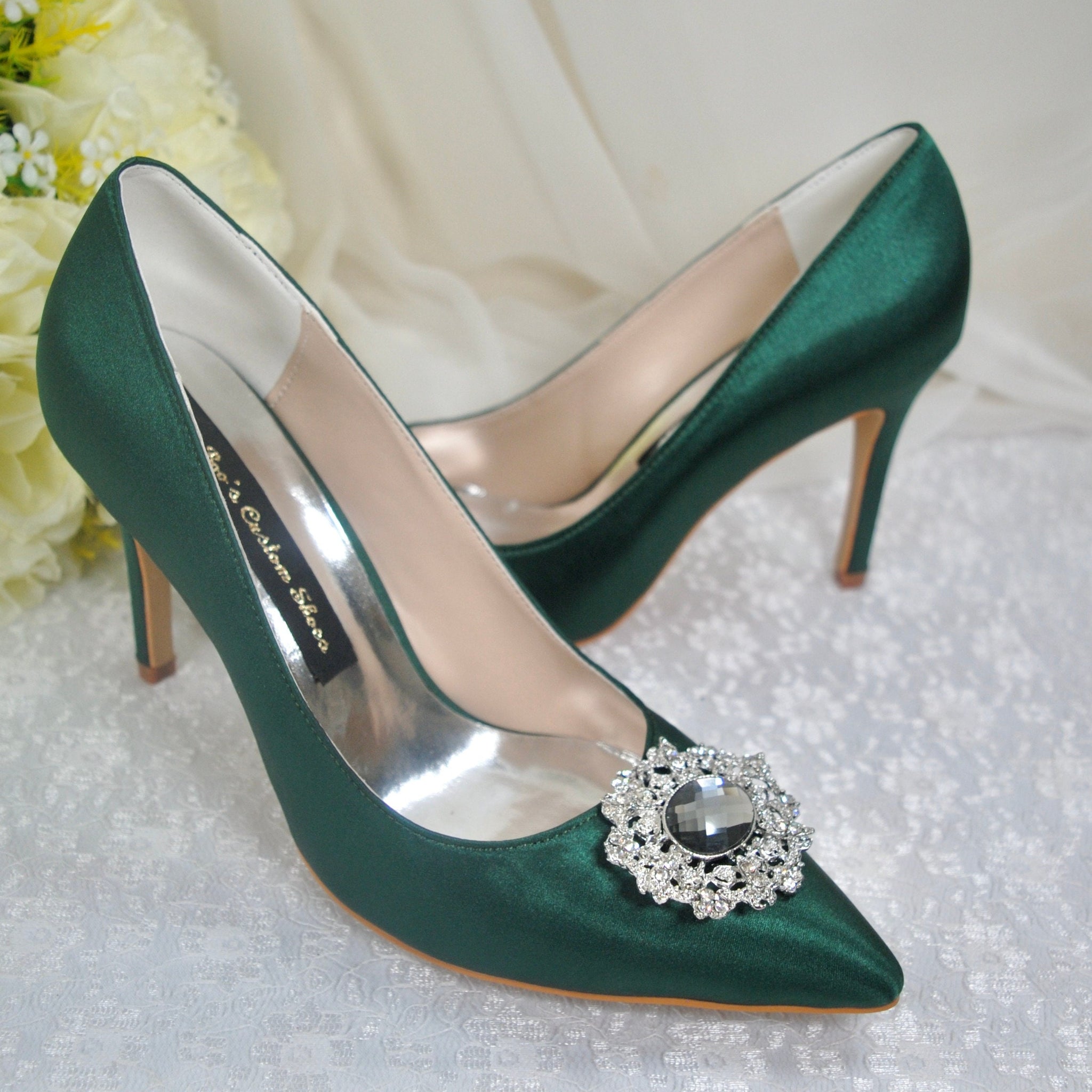 Emerald Green Satin Heels with Crystal Embellishment UK8 US10.5 Becci s Bridal Designs