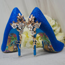 Load image into Gallery viewer, Blue Bridal Heels with Gold Floral Heel Embellishments UK5/US7.5
