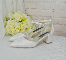 Load image into Gallery viewer, Satin and Lace Block Heels - Champagne or Ivory
