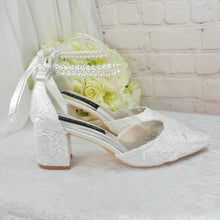 Load image into Gallery viewer, Ivory Lace Block Heel Sandals with Pearl Ankle Strap Wedding Bridal Shoes UK7/US9.5
