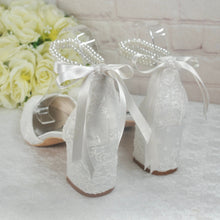 Load image into Gallery viewer, Ivory Lace Block Heel Sandals with Pearl Ankle Strap Wedding Bridal Shoes UK7/US9.5
