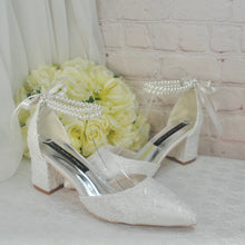 Load image into Gallery viewer, Ivory Lace Block Heel Sandals with Pearl Ankle Strap Wedding Bridal Shoes UK7/US9.5
