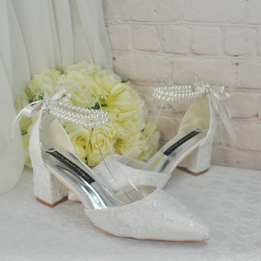 Ivory Lace Block Heel Sandals with Pearl Ankle Strap Wedding Bridal Shoes UK7/US9.5