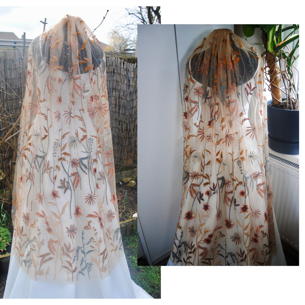 Autumn Flower Floral Veil, Beautiful Wedding Veil with Autumnal Embroidery