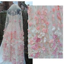 Load image into Gallery viewer, Pink 3D Flower Floral Veil, Beautiful Wedding Veil with Embroidered Rose Gold Leaves and Flowers
