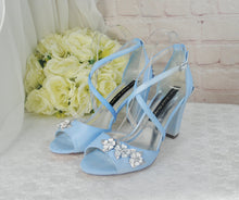 Load image into Gallery viewer, Blue Satin Block Heel Bridal Sandals UK4/US6.5
