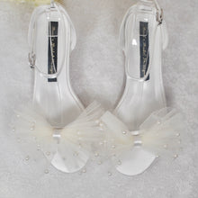 Load image into Gallery viewer, Ivory Satin Flat Summer Sandals Beach Wedding Bridal Shoes with Ankle Strap and Pearl Bow
