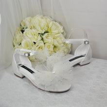 Load image into Gallery viewer, Ivory Satin Flat Summer Sandals Beach Wedding Bridal Shoes with Ankle Strap and Pearl Bow
