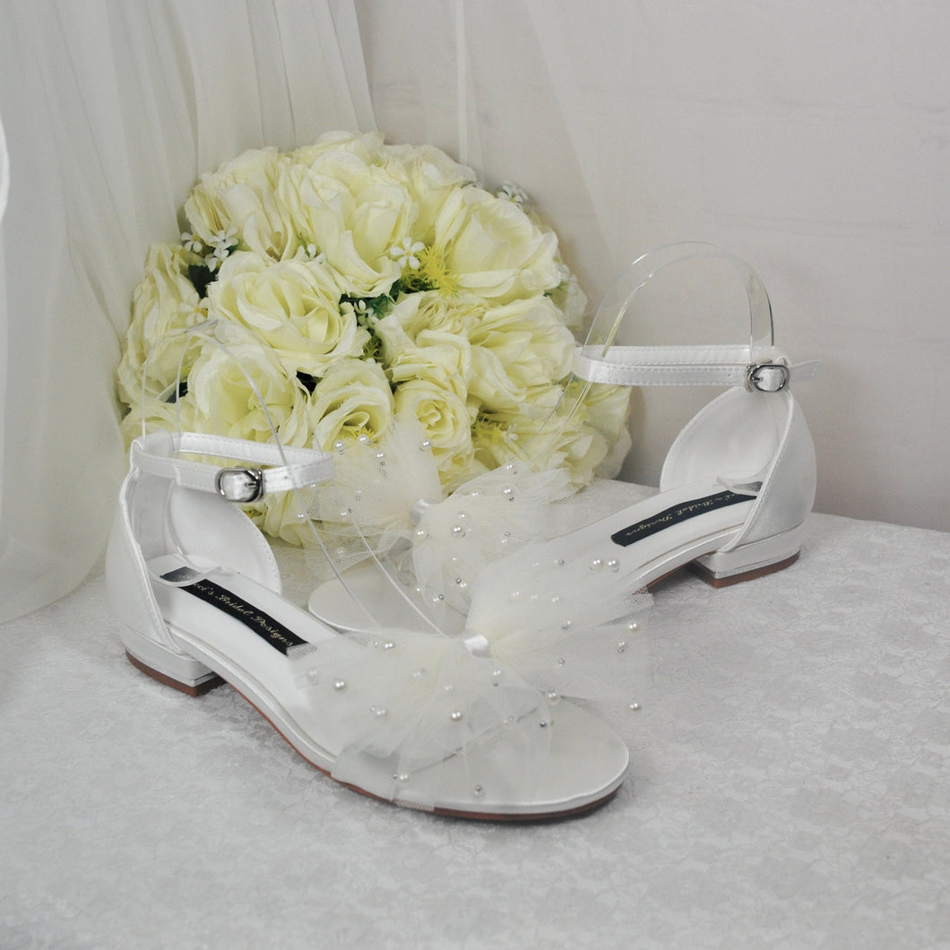 Ivory Satin Flats with Pearl Bow - Size UK4/US6.5