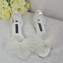 Load image into Gallery viewer, Ivory Satin Flat Summer Sandals Beach Wedding Bridal Shoes with Ankle Strap and Pearl Bow
