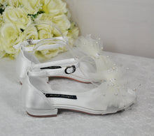 Load image into Gallery viewer, Ivory Satin Flat Summer Sandals Beach Wedding Bridal Shoes with Ankle Strap and Pearl Bow
