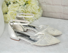 Load image into Gallery viewer, Lace Pointy Toe Flats Ivory and Pearl Size Uk3/US5.5
